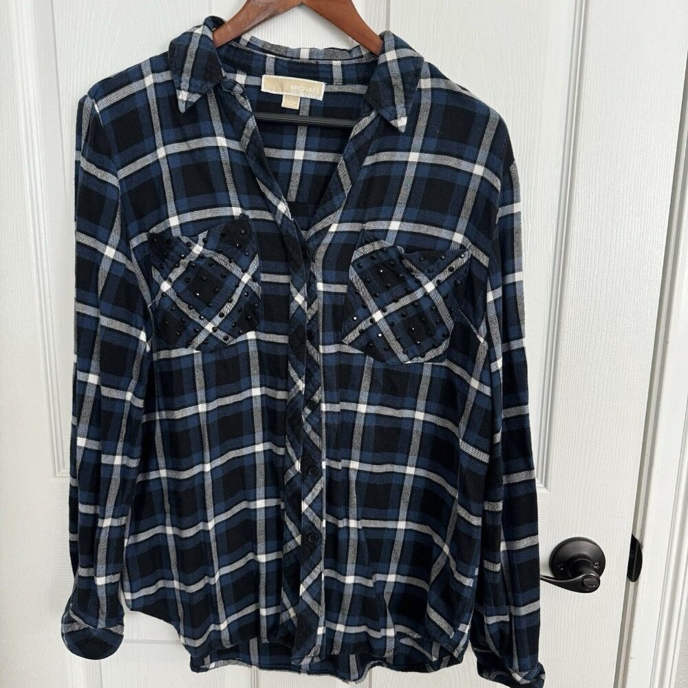 NWT Michael Kors Blue Black Plaid Sequin Button Front Shirt Blouse Flannel Large